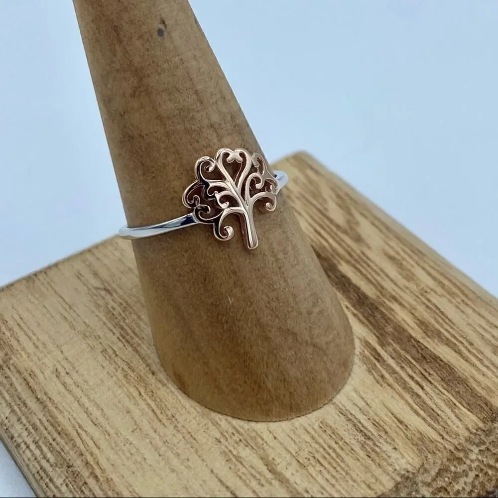 Tree Of Life Two-Tone Sterling Silver Ring Size 6,7,8